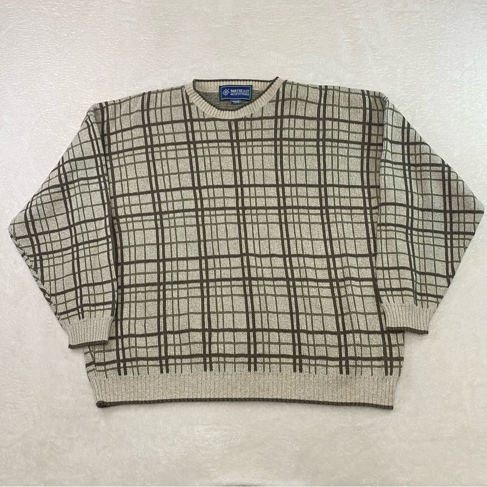 Vintage Mens NEO Northeast Outfitters Beige Brown Green Pullover Sweater XXL USA